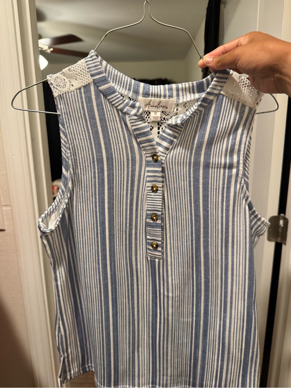 Ambiance Blue & White Striped Sleeveless Button-Front Top